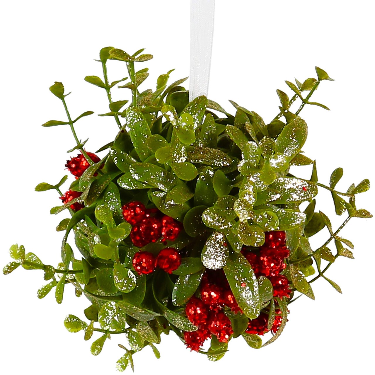 Ornativity Mistletoe Glitter Hanging Ornament - Christmas Mistletoe Ball with Red Berries Holiday Decoration